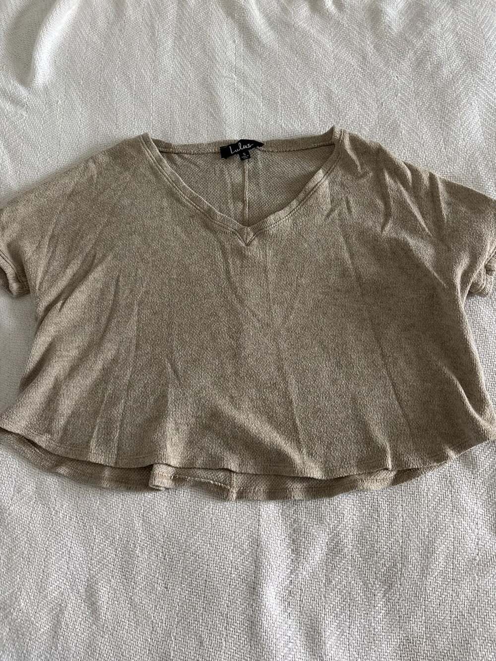 Lulus Pleasantly Cozy Beige V-Neck Short Sleeve Sweater Top
